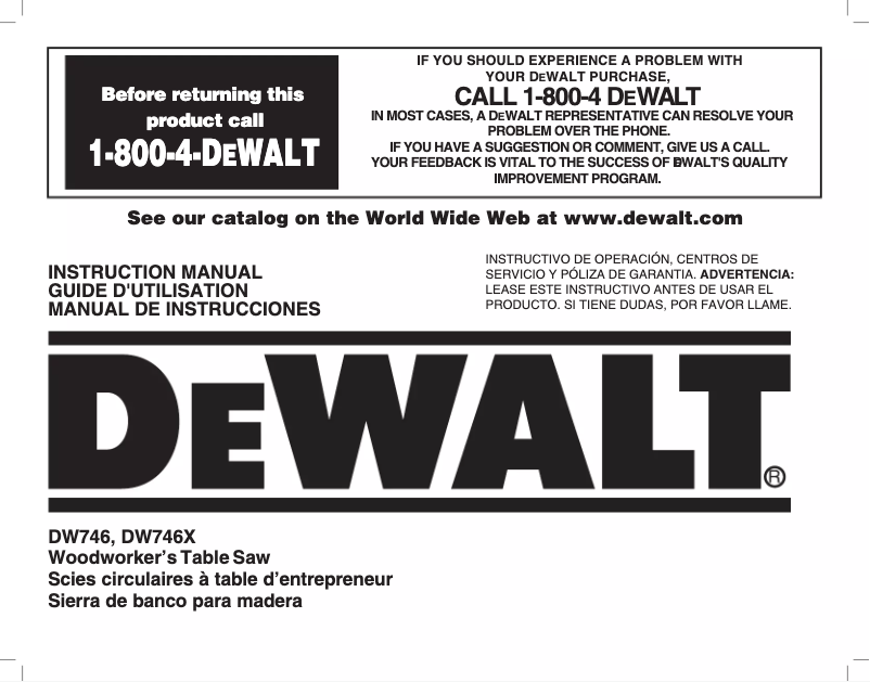 Page 1 de la notice Manuel utilisateur DeWalt DW746XS