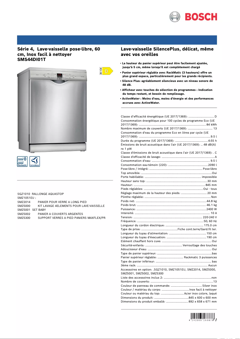 Page 1 de la notice Fiche technique Bosch SMS44DI01T