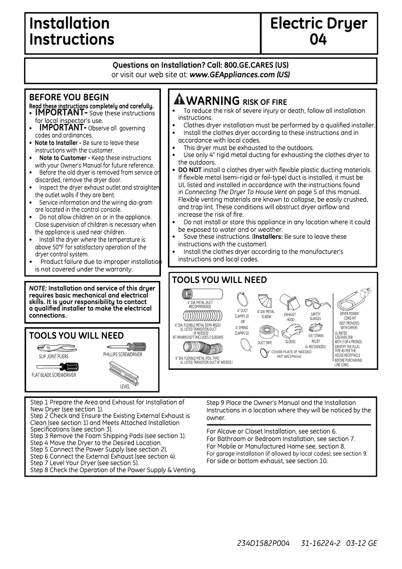 Page 1 of the manual Installation Guide GE GRDN510EMWS