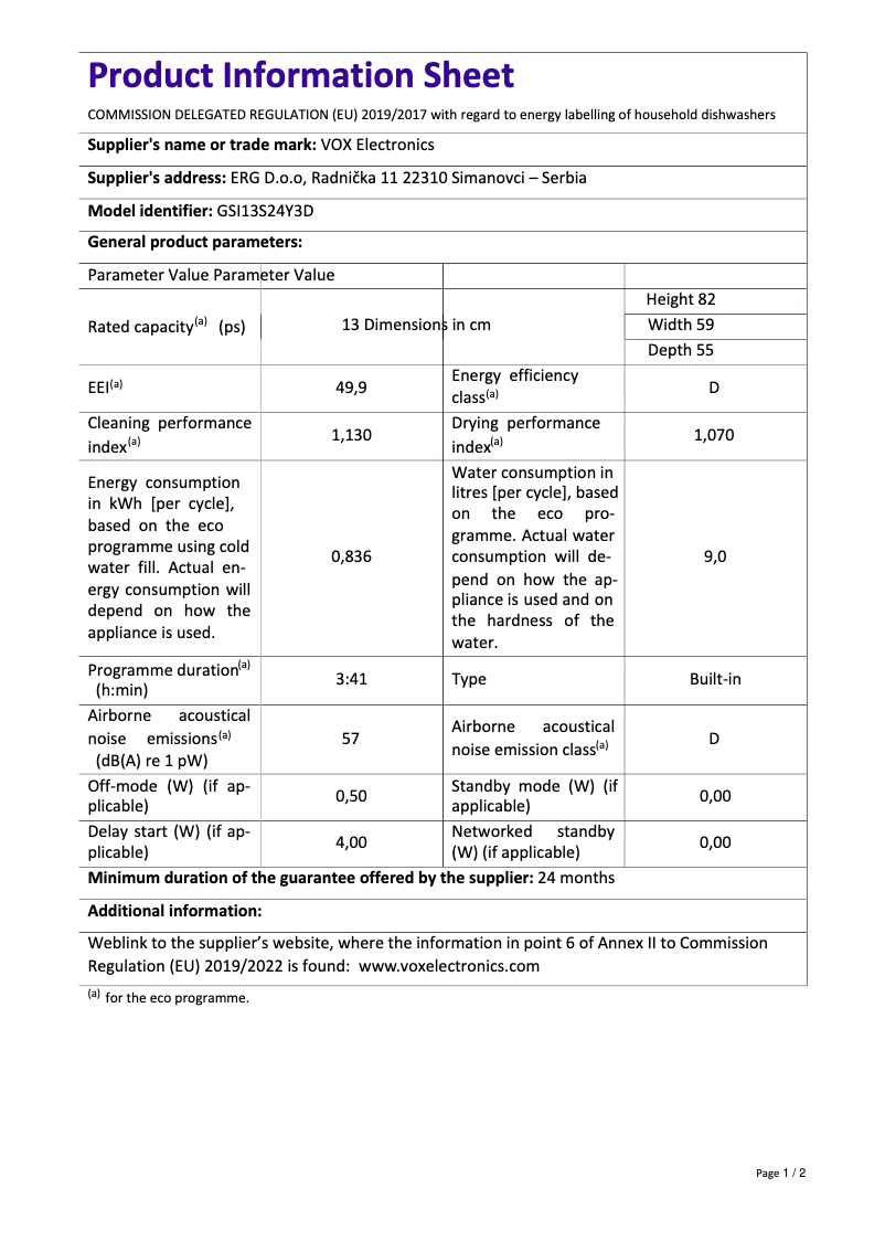 Page 1 de la notice Fiche technique VOX GSI 13S24 Y3D