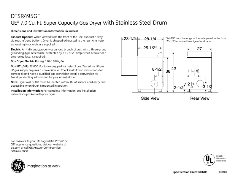 Página 1 del manual Ficha técnica GE DTSR495GFGG