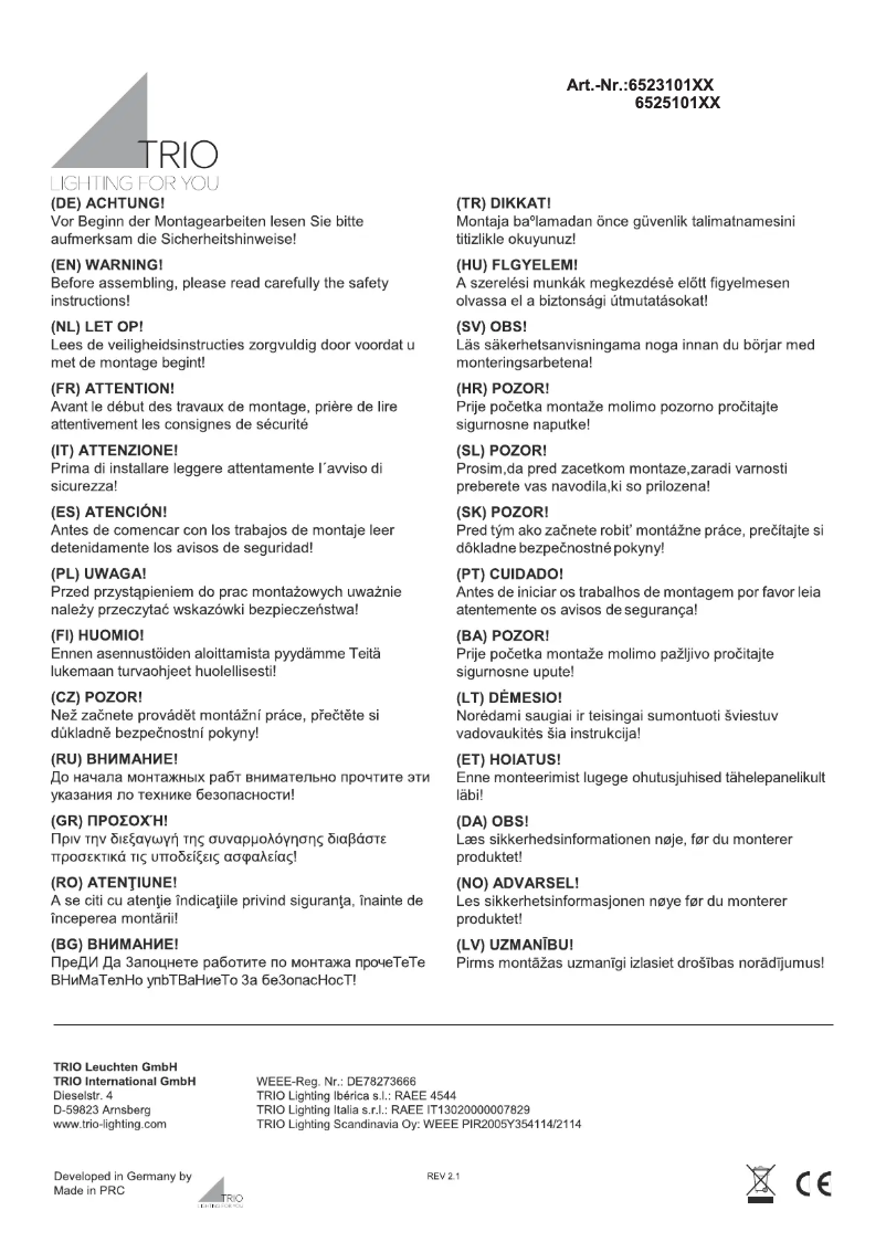 Page 1 de la notice Manuel utilisateur Trio Lighting Core 652510106