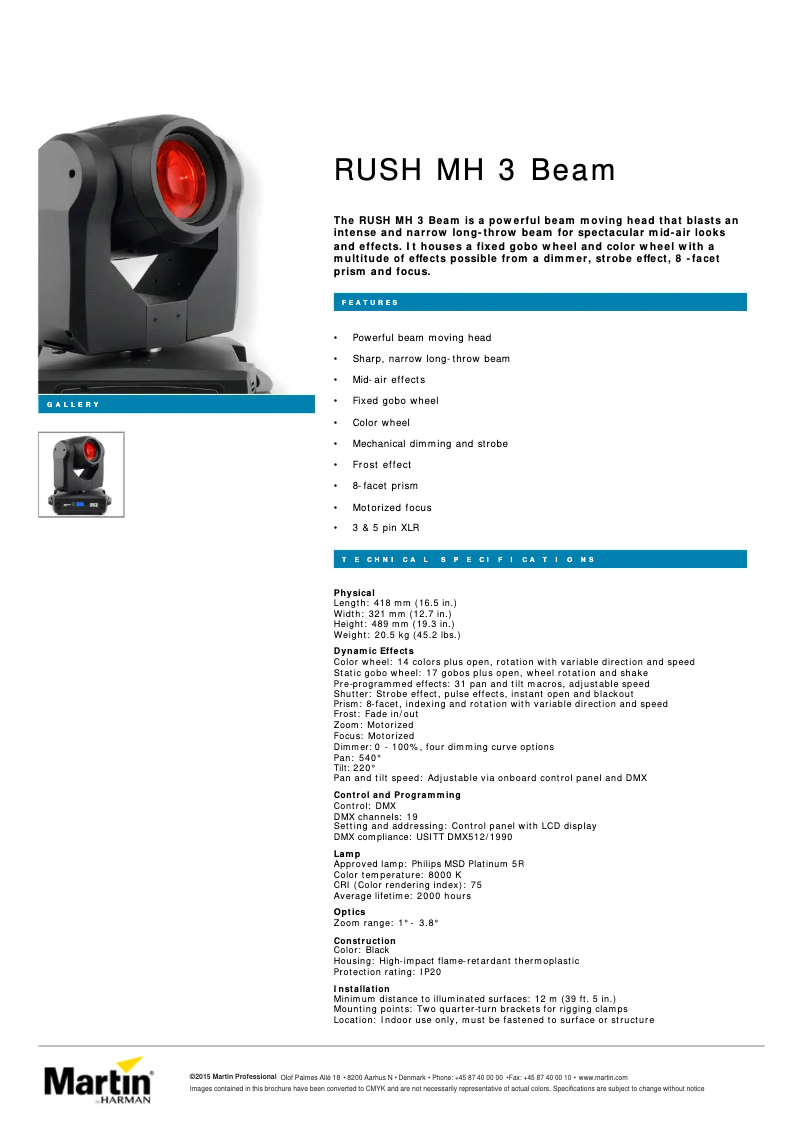 Page 1 de la notice Fiche technique Martin RUSH MH 3 Beam