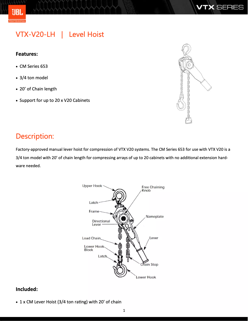 Page 1 de la notice Fiche technique JBL VTX V20