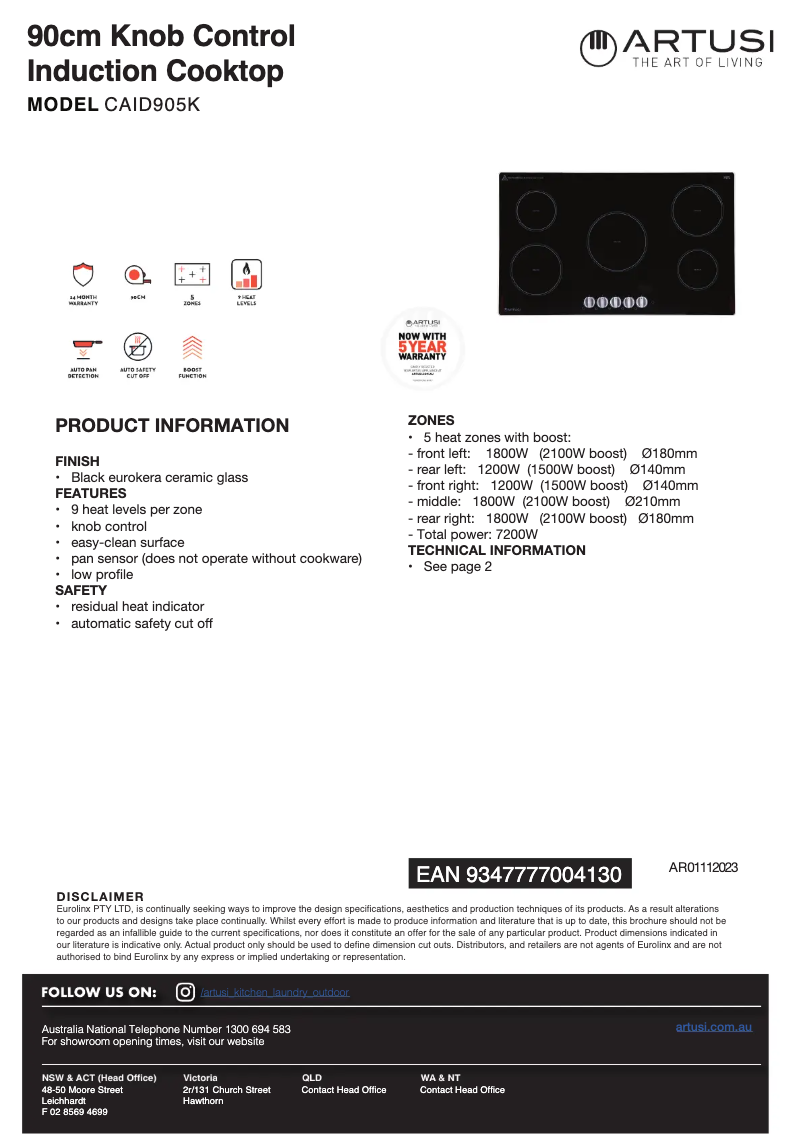 Page 1 of the manual Technical Sheet Artusi CAID905K