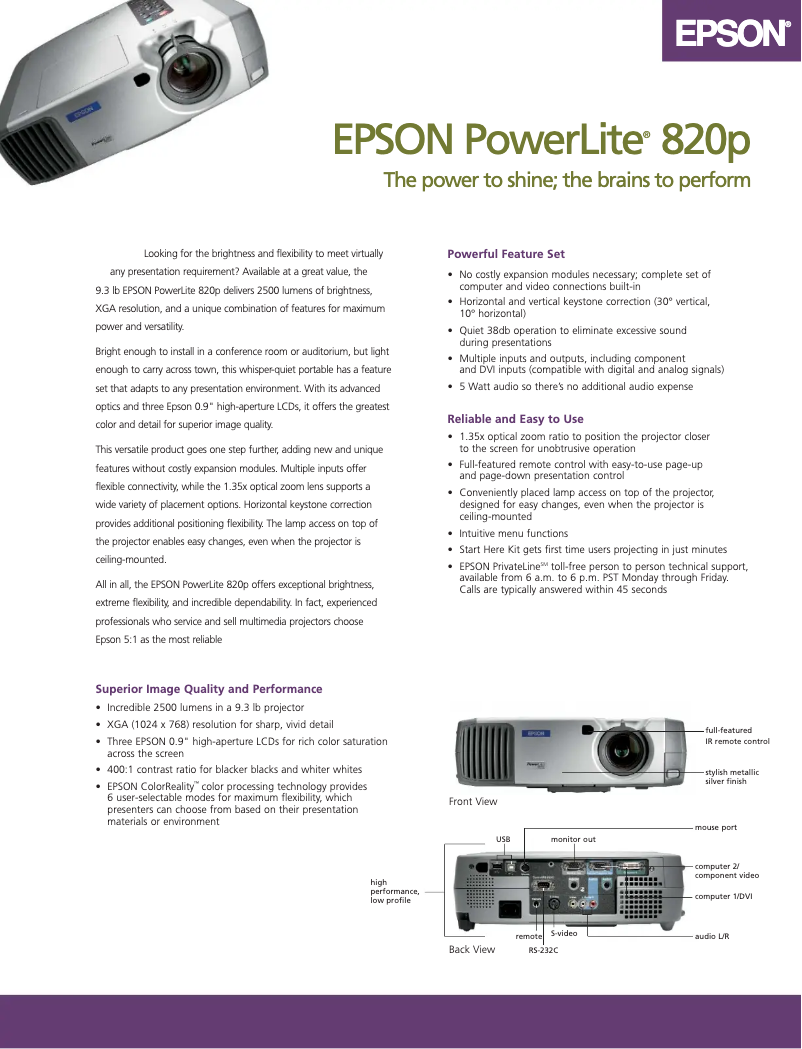 Page 1 de la notice Brochure Epson PowerLite 820p