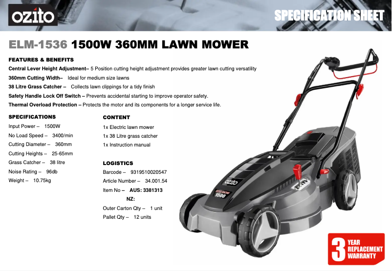 Page 1 de la notice Fiche technique Ozito ELM-1536