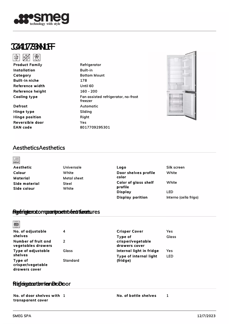 Page 1 de la notice Fiche technique Smeg C4173N1F