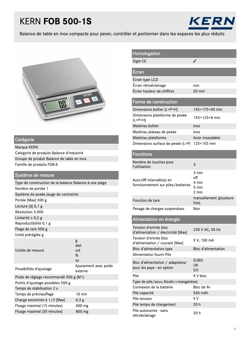 Page 1 de la notice Fiche technique Kern FOB 500-1S