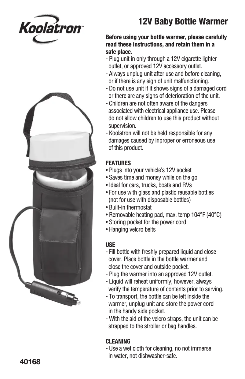 Page 1 de la notice Manuel utilisateur Koolatron 40168