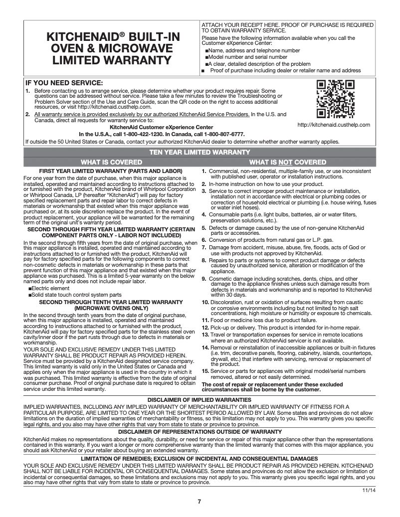 Page 1 de la notice Informations de garantie KitchenAid KMHC319ESS