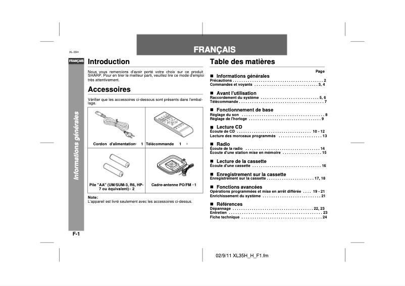 Page 1 de la notice Manuel utilisateur Sharp XL-35H