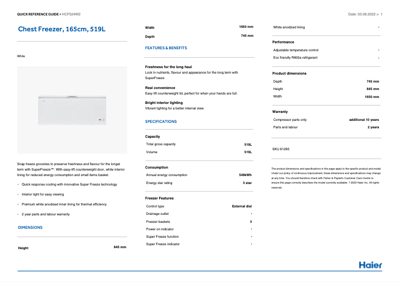 Page 1 de la notice Informations de garantie Haier HCF524W2