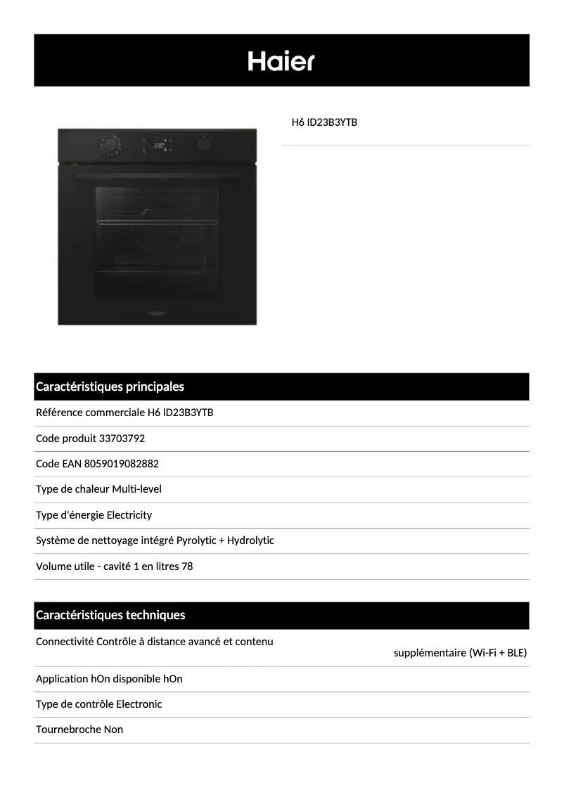 Página 1 del manual Ficha técnica Haier H6 ID23B3YTB