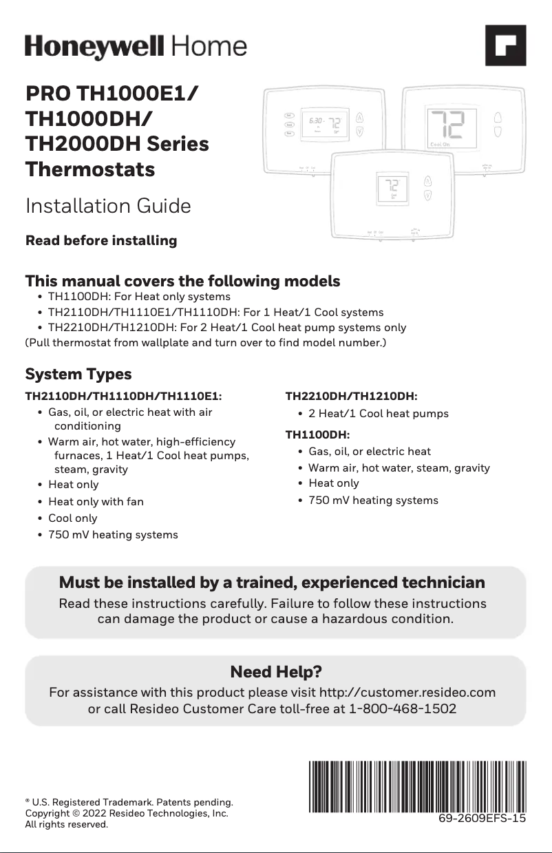 Page 1 de la notice Guide d'installation Honeywell TH1210DH1001/U
