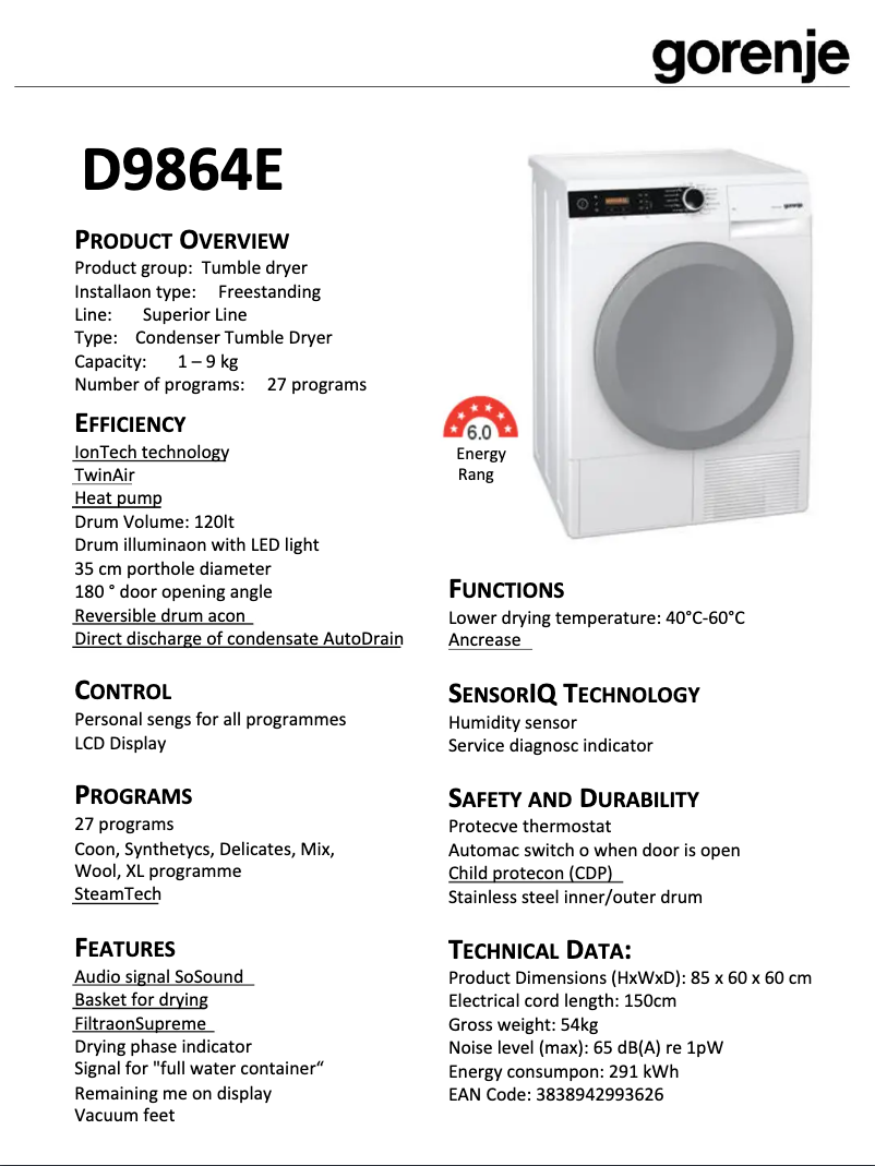 Página 1 del manual Ficha técnica Gorenje D9864E