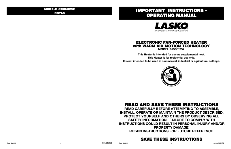 Page 1 of the manual User Manual Lasko 6250