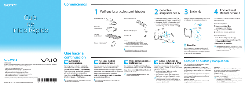 Page 1 de la notice Guide d'installation Sony Vaio VPCL213FX