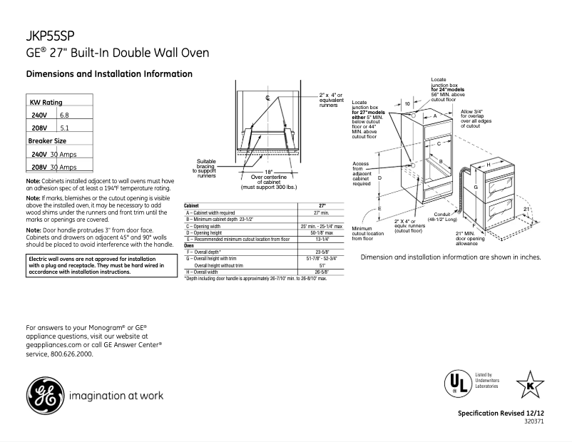 Page 1 of the manual Technical Sheet GE JKP55SPSS