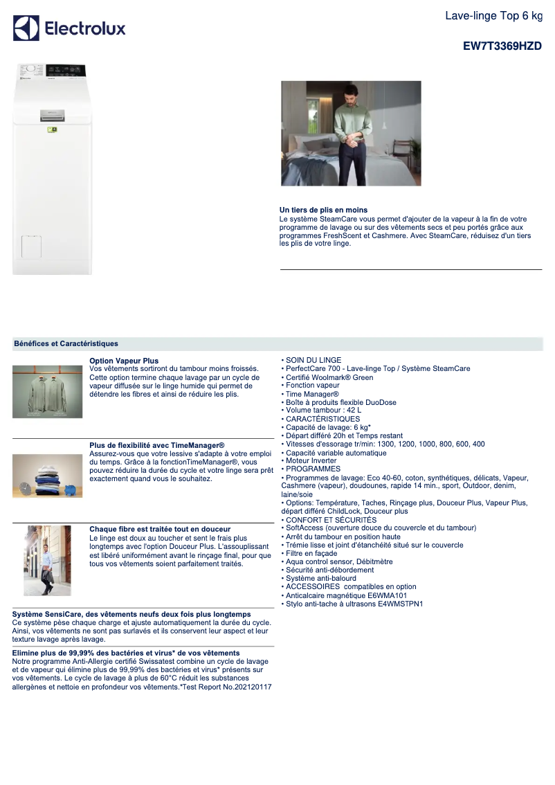 Página 1 del manual Ficha técnica Electrolux EW7T3369HZD