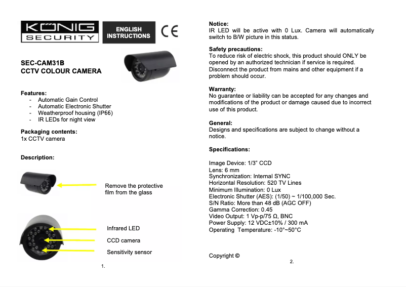 Page 1 de la notice Manuel utilisateur Konig SEC-CAM31B