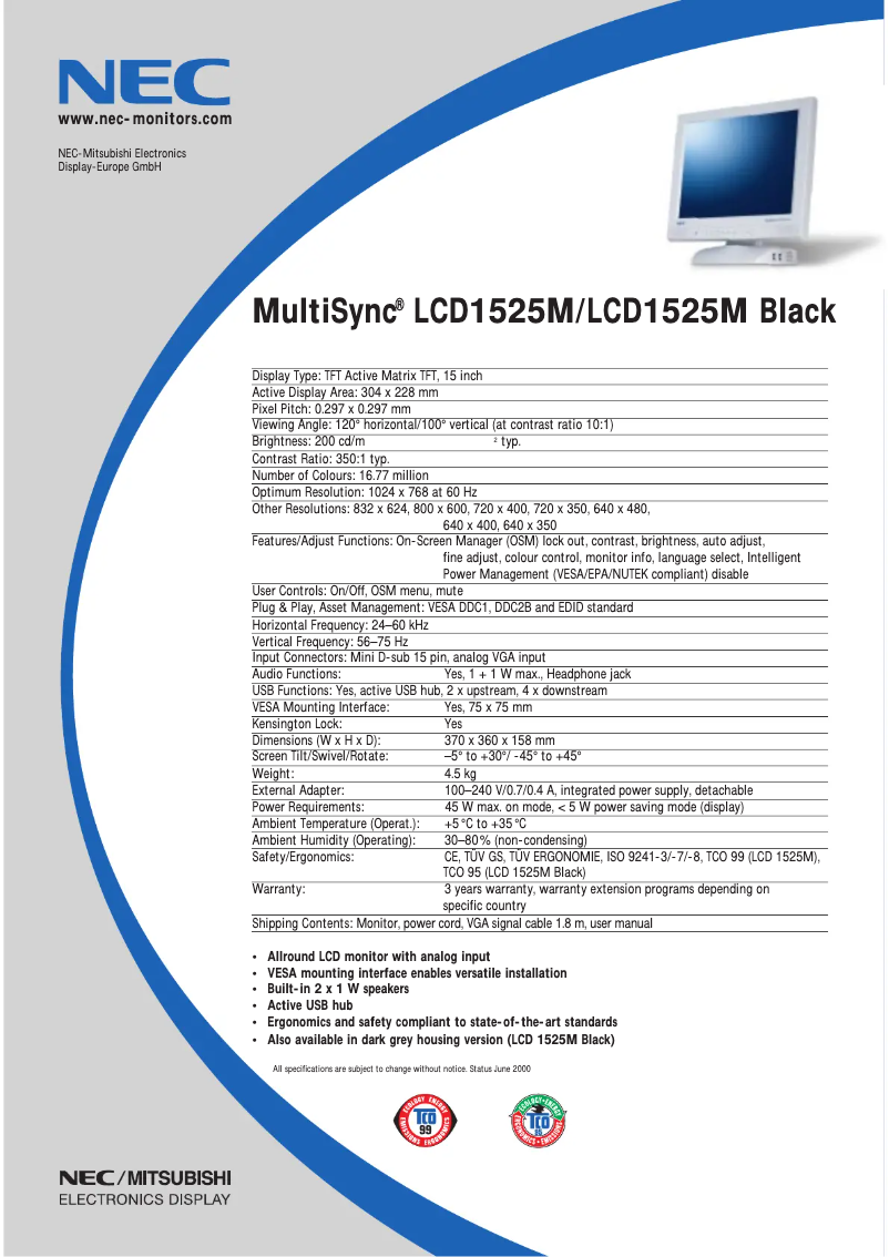 Page 1 de la notice Fiche technique NEC MultiSync LCD1525M