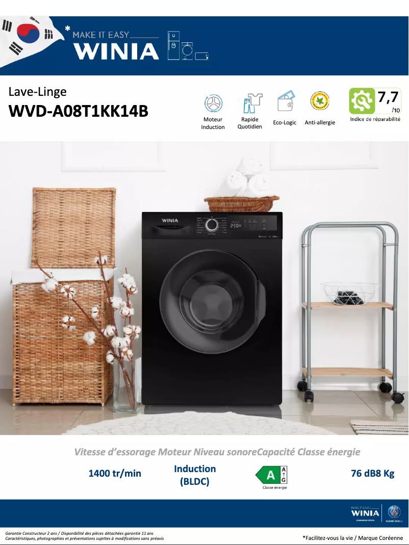 Page 1 de la notice Fiche technique Winia WVD-A08T1KK14B