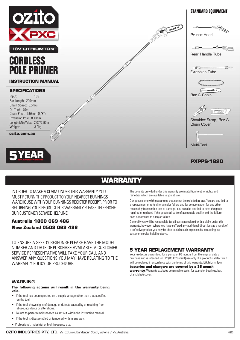 Page 1 de la notice Manuel utilisateur Ozito PXPPS-1820