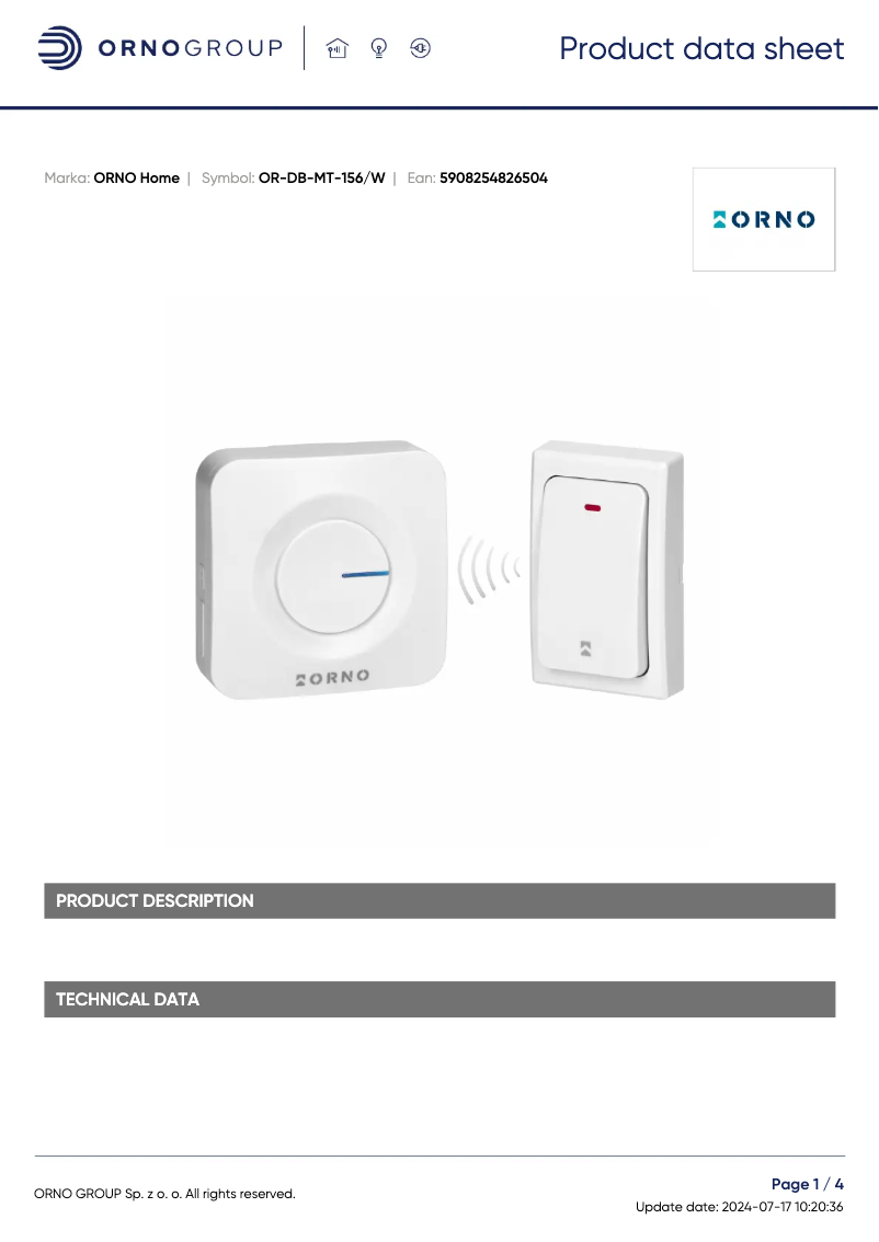 Page 1 de la notice Fiche technique ORNO OR-DB-MT-156