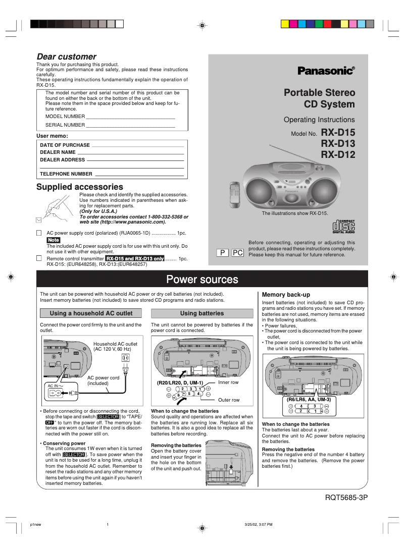 Page 1 de la notice Manuel utilisateur Panasonic RX-D15P