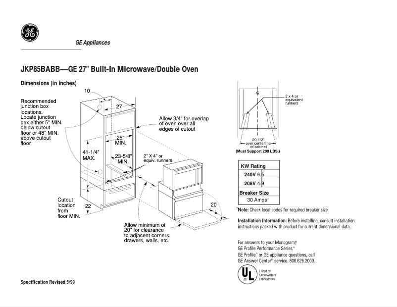 Page n°1 - Fiche technique GE JKP85BABB