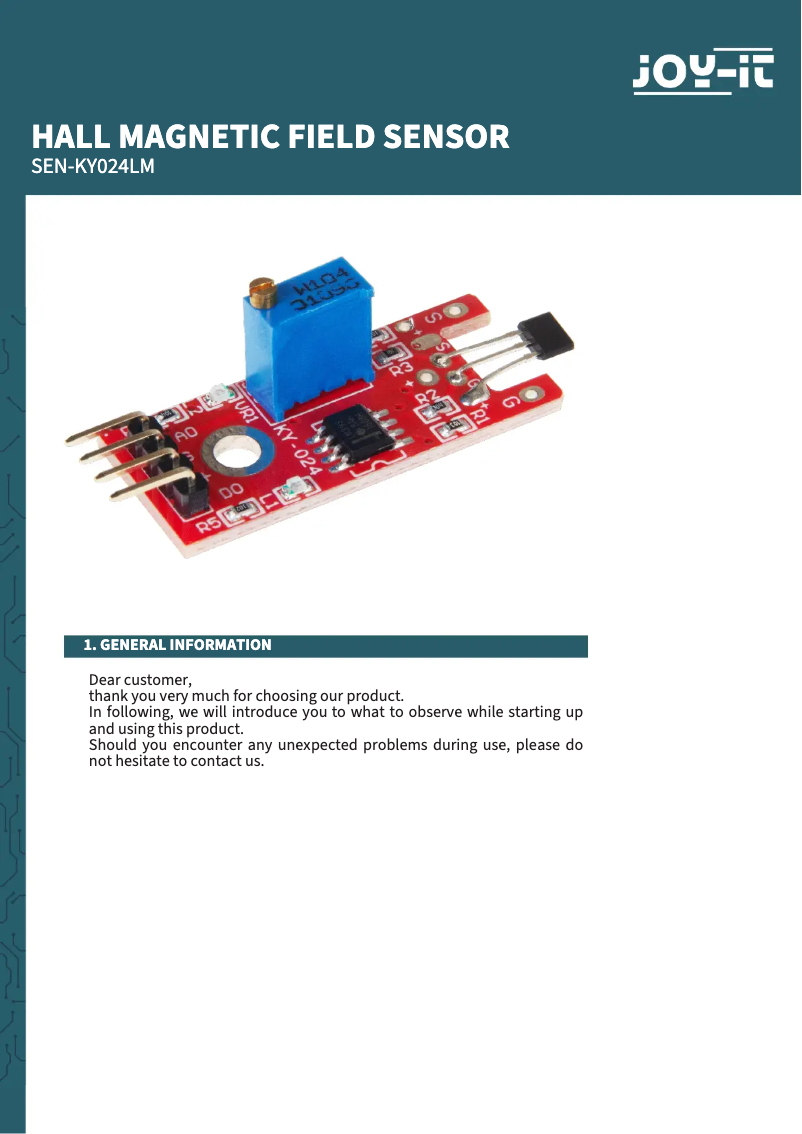 Page 1 de la notice Manuel utilisateur Joy-It SEN-KY024LM