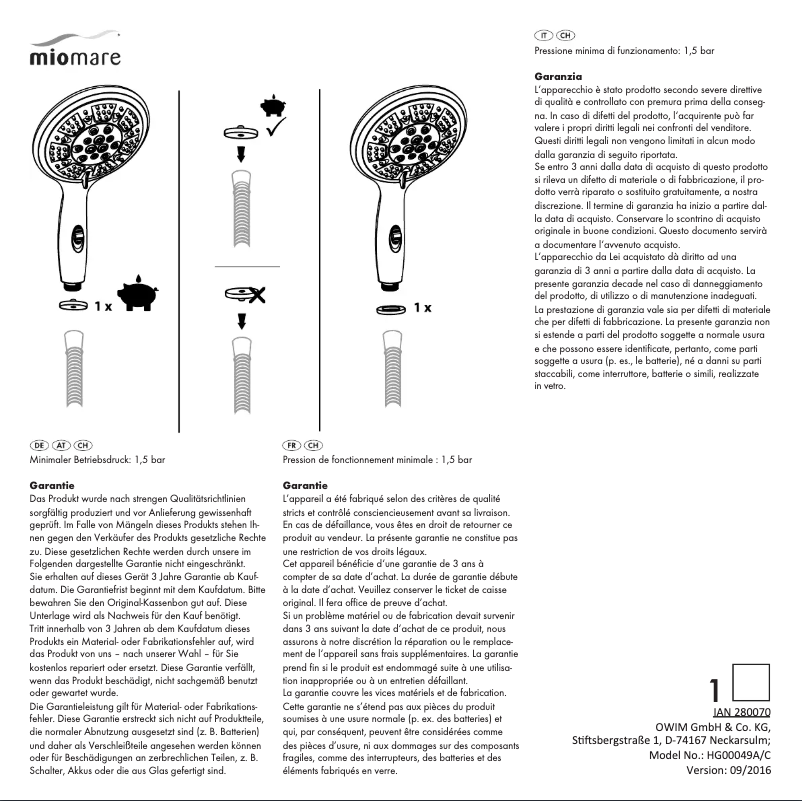 Page 1 de la notice Manuel utilisateur Miomare IAN 280070