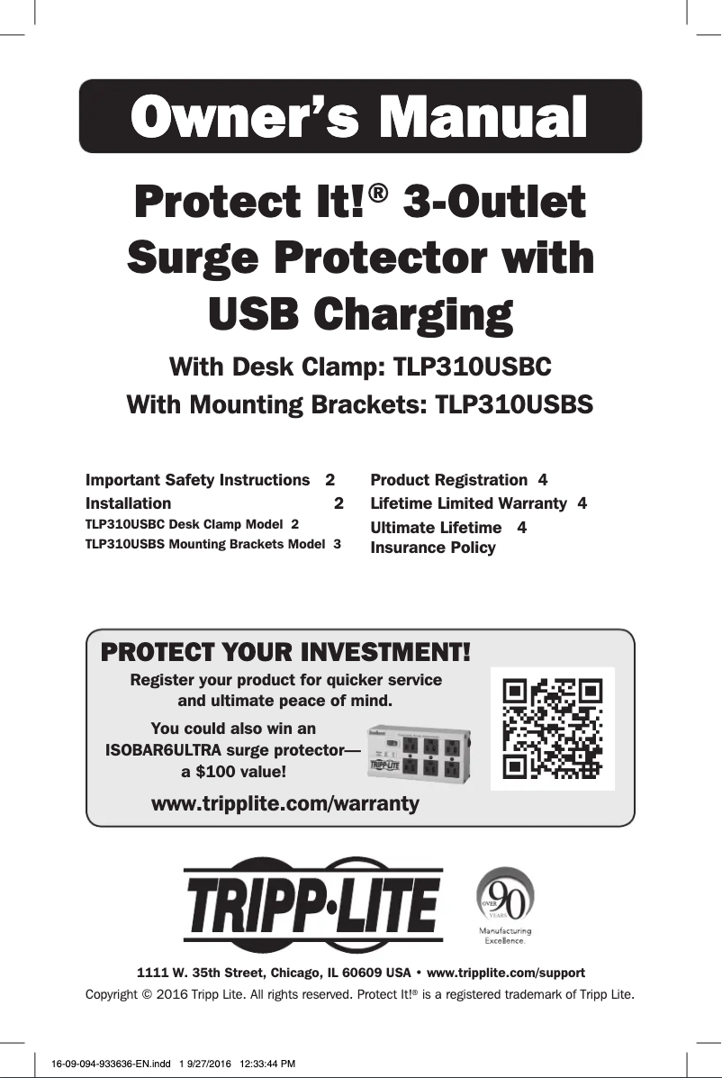 Page 1 de la notice Manuel utilisateur Tripp Lite Protect It! TLP310USBCW