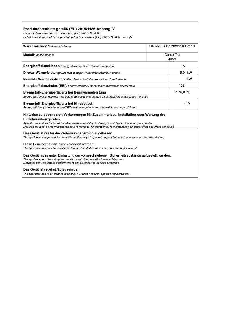 Page 1 de la notice Fiche technique Oranier Corso Tre