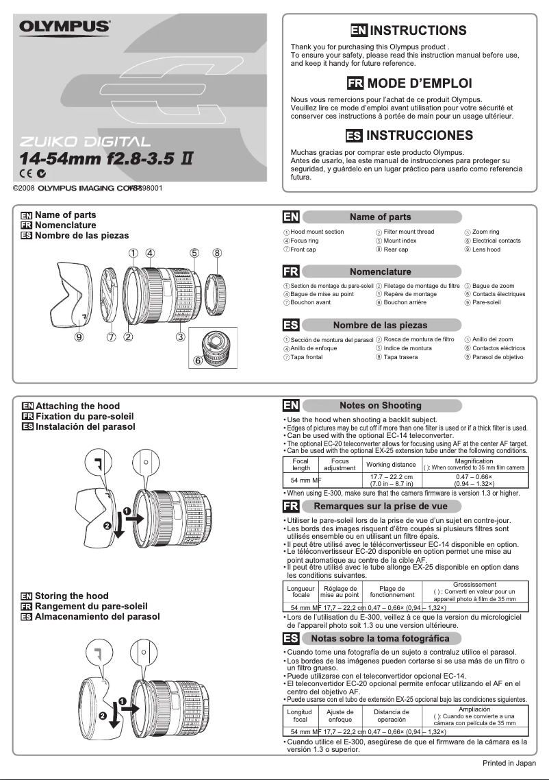 Page 1 de la notice Manuel utilisateur Olympus 14-54mm F2.8-3.5 II
