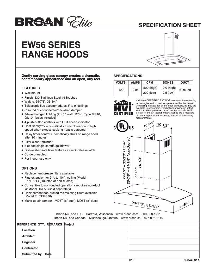 Página 1 del manual Ficha técnica Broan EW5636S