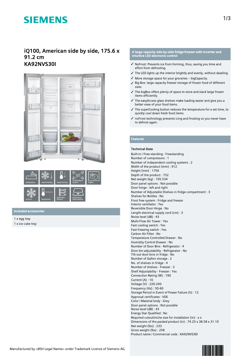 Page 1 de la notice Fiche technique Siemens KA92NVS30I