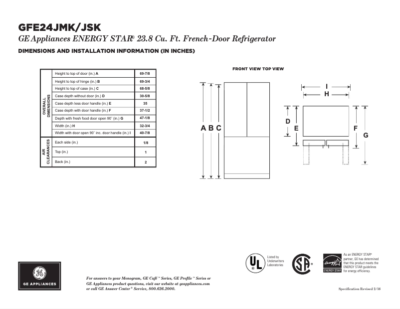 Page n°1 - Fiche technique GE GFE24JGKBB