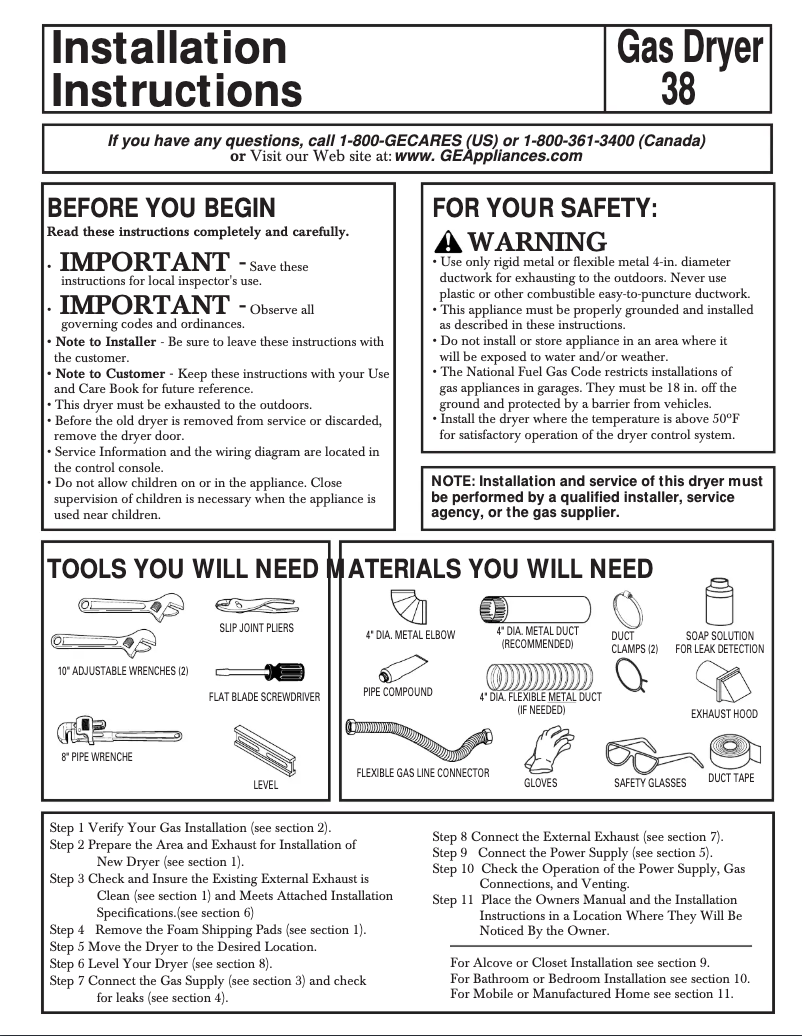 Page 1 of the manual Installation Guide GE Profile Prodigy DPSR405GAAA