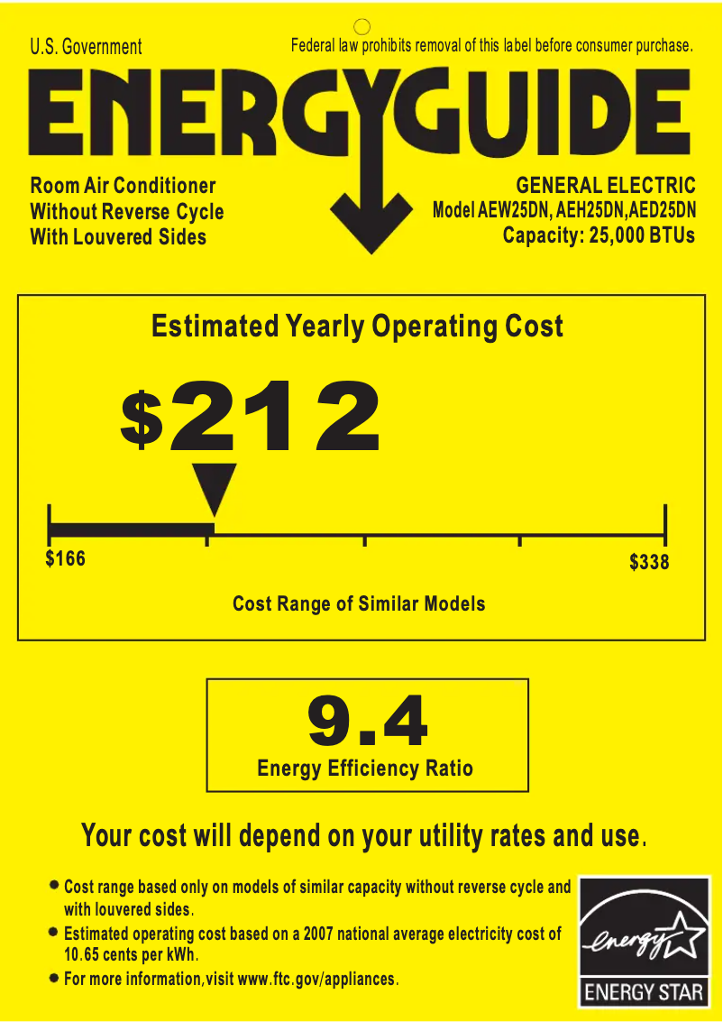 Página 1 del manual Etiqueta energética GE AEW25DN