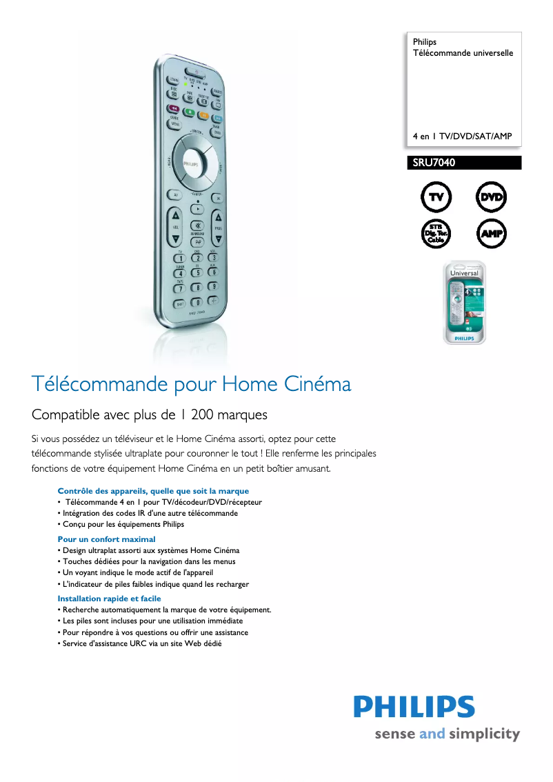 Page 1 de la notice Fiche technique Philips SRU7040