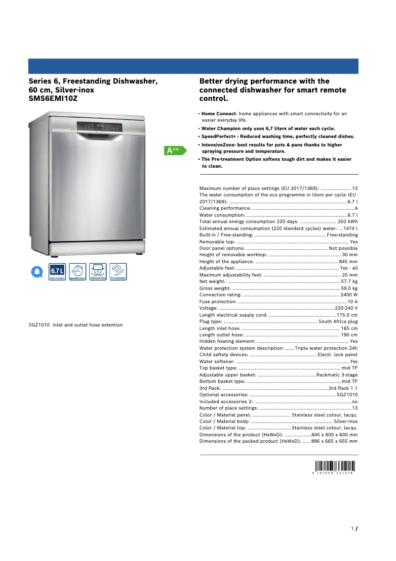 Page 1 de la notice Fiche technique Bosch SMS6EMI10Z