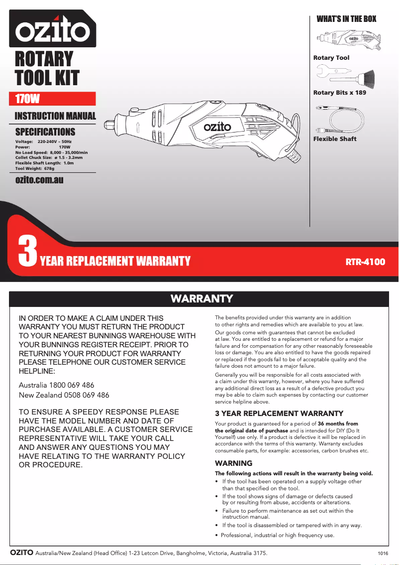 Page 1 de la notice Manuel utilisateur Ozito RTR-4100