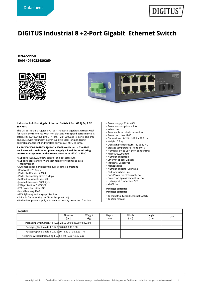 Page 1 de la notice Fiche technique Digitus DN-651150