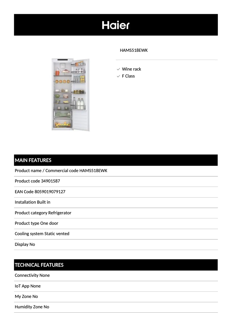 Page 1 de la notice Fiche technique Haier HAMS518EWK