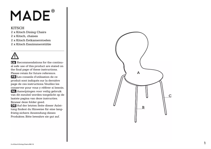 Page 1 de la notice Manuel utilisateur MADE Kitsch Stuhl