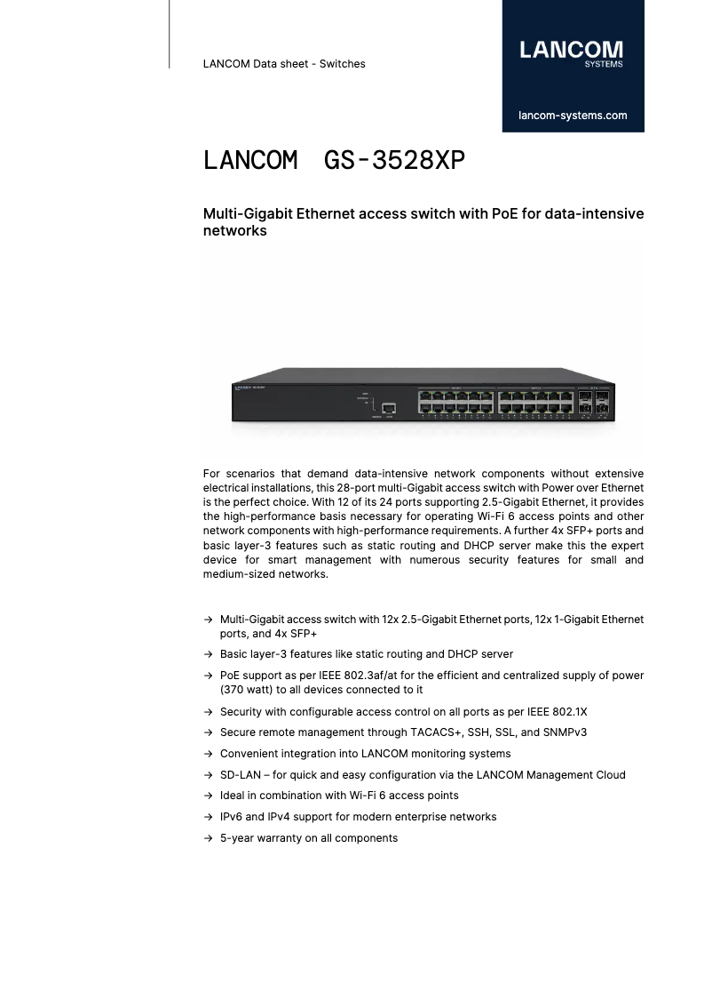 Page 1 of the manual Technical Sheet Lancom GS-3528XP