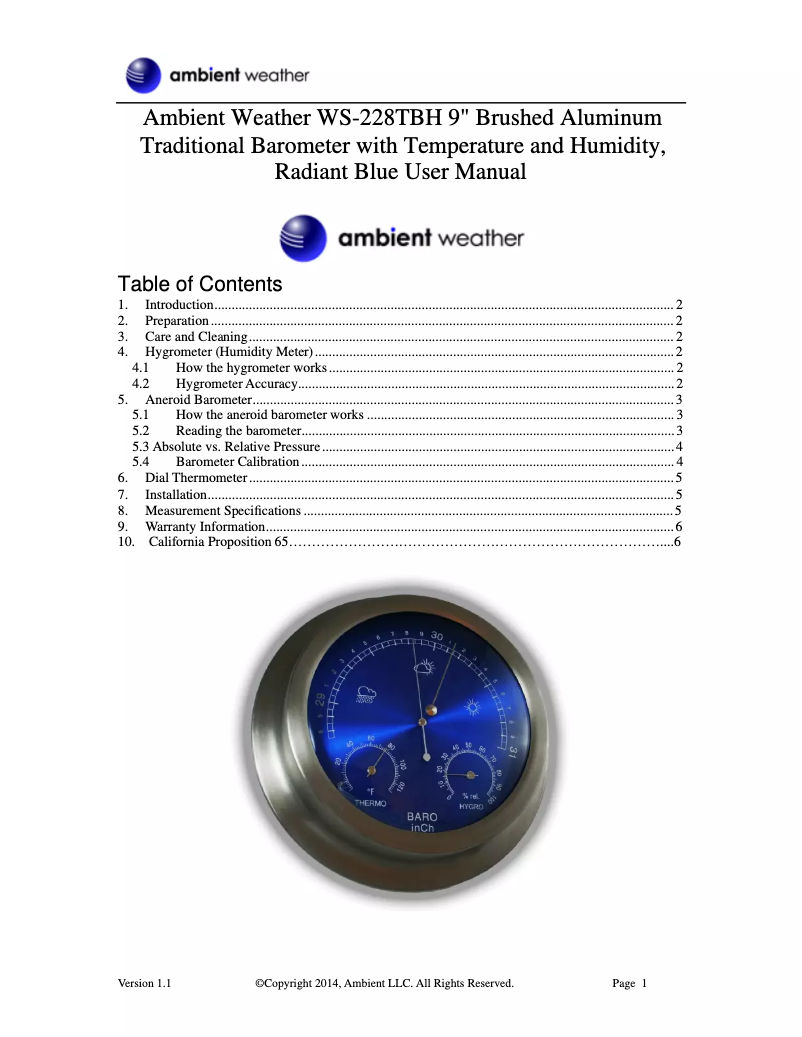 Page 1 de la notice Manuel utilisateur Ambient Weather WS-228TBH