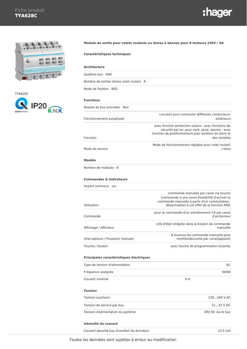 Page 1 de la notice Fiche technique Hager TYA628C